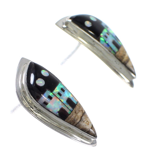 Native American Pueblo Design Multicolor Inlay Sterling Silver Post Earrings QX76794